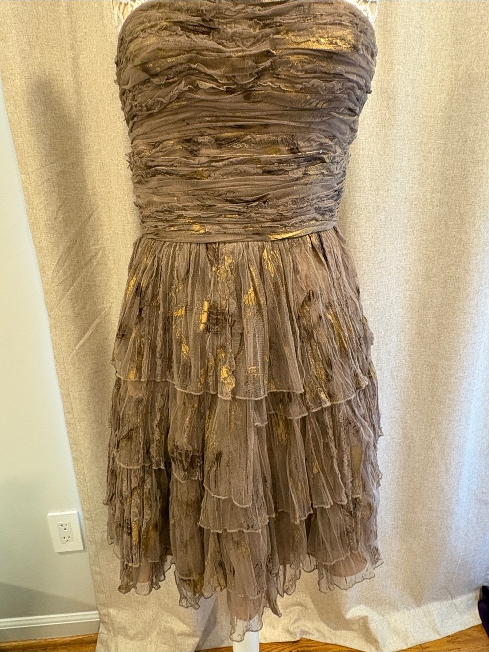 Aidan Mattox Taupe Strapless Layered Ruffle Dress with Gold Accents